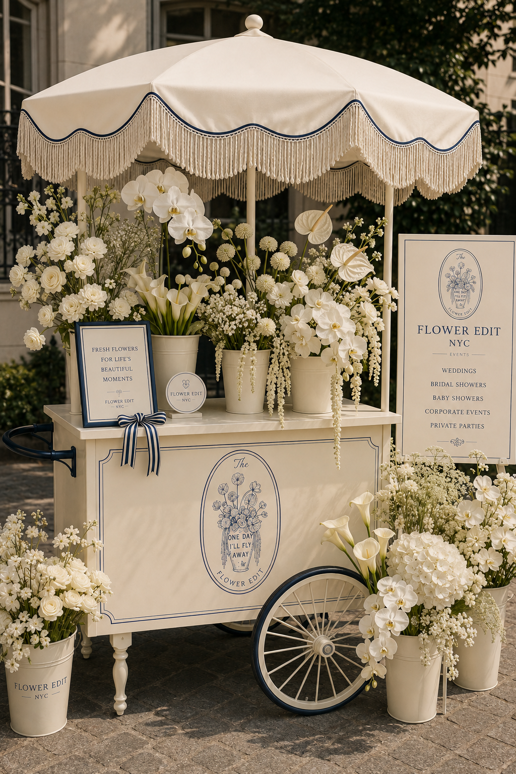 The Flower Edit NYC vintage flower cart with white blooms and striped umbrella
